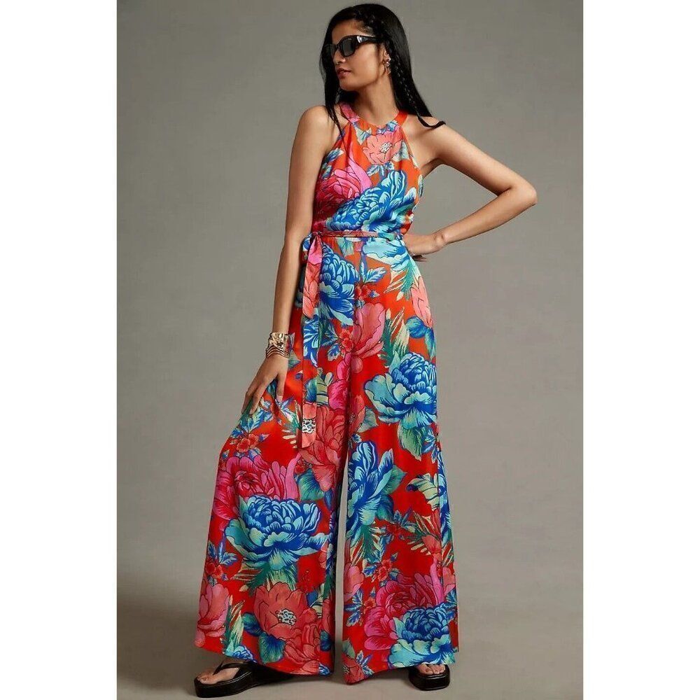 NWT ANTHROPOLOGIE X FARM RIO Sz M PRINTED HALTER JUMPSUIT